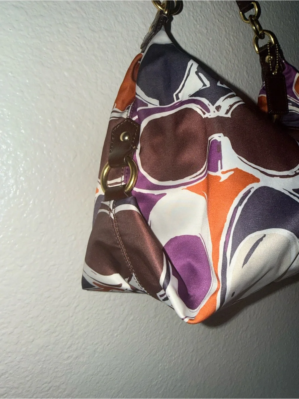 Coach Brown Leather-Trim Multicolor Circle Print Shoulder Bag